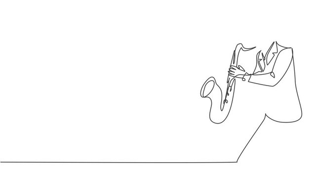 Animated self drawing of one continuous line draw young male saxophonist with hat performing to play saxophone on music concert. Musician artist performance concept. Full length single line animation.