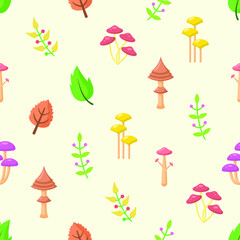 Seamless Pattern Abstract Elements Mushrooms Leaves Leaf Forest Vector Design Style Background Illustration Texture For Prints Textiles, Clothing, Gift Wrap, Wallpaper, Pastel