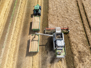 Luftaufnahme Ernte eines Getreidefeldes mit Mähdrescher und Traktor © Animaflora PicsStock