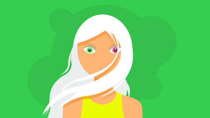 Flat Girl Woman Character, Flying White Hair In The Wind With Different Colors Eyes Disease Heterochromia Concept Vector Design Style