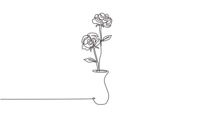 Animated self drawing of one continuous line draw fresh beautiful rose flower on porcelain vase. Greeting card, invitation, logo, banner, poster concept. Full length single line animation.