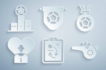 Set Planning strategy concept, Football or soccer medal, player, Whistle, flag pennant and Award over sports winner podium icon. Vector
