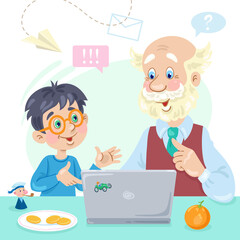 Grandfather and grandson are sitting at the table with a laptop. In cartoon style. Isolated on white background. Vector flat illustration.