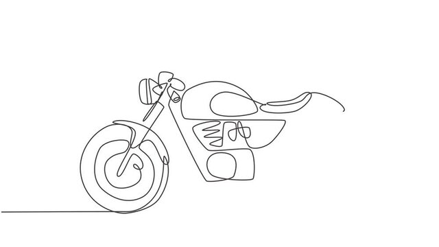 Animated self drawing of one continuous line draw retro old vintage motorcycle icon. Classic motorbike transportation concept. Full length single line animation illustration.