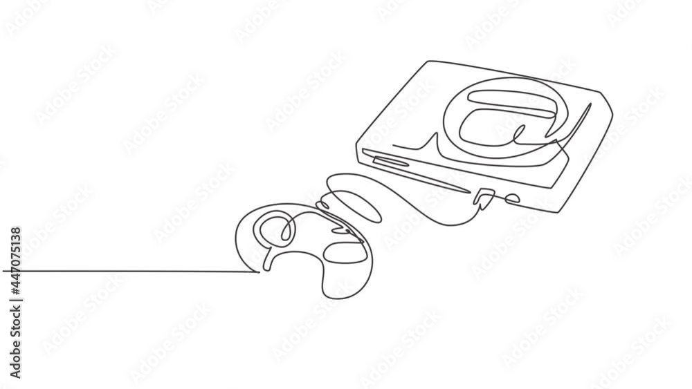 Poster animated self drawing of single continuous line draw retro old classic arcade video game player with
