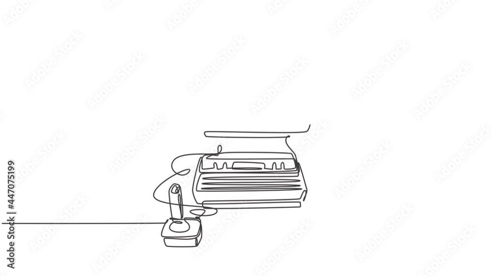 Poster self drawing animation of one single line draw set of retro old classic arcade video game player wit