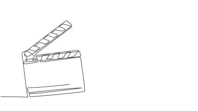 Self drawing animation of one single line draw retro old classic movie board clapper. Vintage film scene taker item concept continuous line draw. Full length animated illustration.