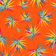 Watercolor seamless pattern with colorful abstract tropical leaves. Bright summer print with exotic plants. Creative trendy botanical textile design.