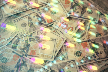 Double exposure of data theme drawing over us dollars bill background. Technology concept.