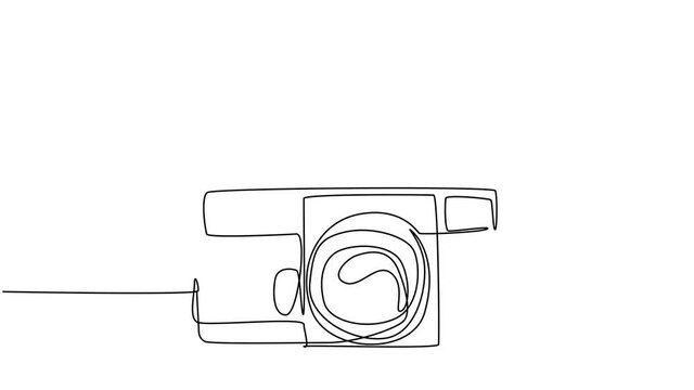Animated self drawing of one continuous line draw old retro analog slr camera, front view. Vintage classic photography equipment concept. Full length single line animation illustration.