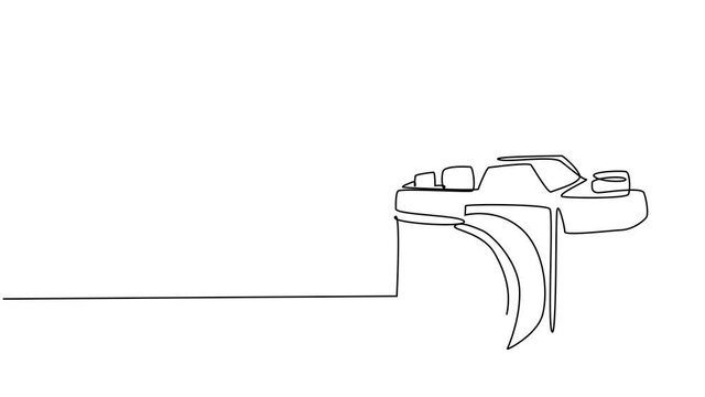 Self drawing animation of one single line draw old retro analog slr camera with telephoto lens. Vintage classic photography equipment concept continuous line draw. Full length animated illustration.
