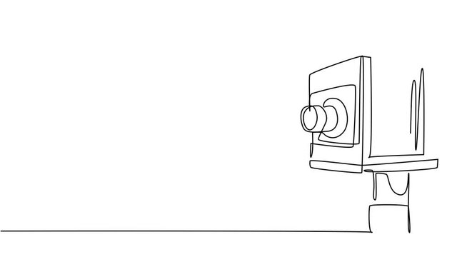 Animated self drawing of one continuous line draw old antique retro film camera medium format. Vintage classic antique photography equipment concept. Full length single line animation illustration.