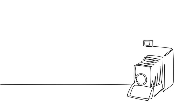 Animated self drawing of single continuous line draw old retro analog camera medium format with blitz flash light. Vintage photography equipment concept. Full length one line animation illustration.
