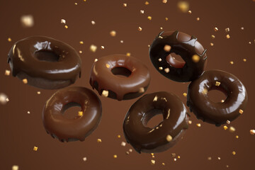 flying doughnuts Chocolate glazed doughnuts with sprinkles chocolate chips on pastel color background. 3D Render Food minimal idea concept. Selective focus.