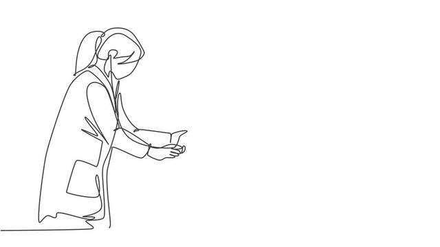 Self drawing animation of single line draw female pediatric doctor examining heart beat young boy patient with stethoscope. Medical health treatment concept continuous line draw. Full length animated.
