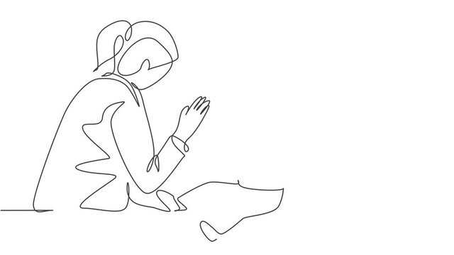 Animated self drawing of continuous line draw young female pediatric doctor invited cute baby toddler patient to play, follow her instruction. Medical treatment concept. Full length one line animation