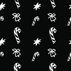 Seamless vector Christmas pattern with white line on black background in doodle style.Festive classic print minimalism hand drawn.Designs for fabric,textiles,wrapping paper,packaging,scrapbooking