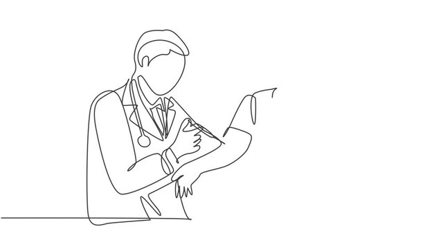Animated self drawing of single continuous line draw young male doctor giving vaccine injection to male patient to cure illness. Medical health care treatment concept. Full length one line animation.
