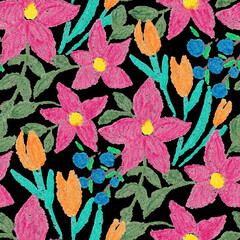Creative seamless pattern with abstract flowers drawn with wax crayons. Bright colorful floral print.