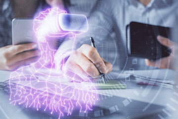 Double exposure of man and woman working together and human in ar, vr glasses hologram drawing. Technology virtual reality concept. Computer background.