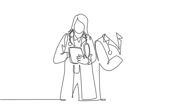 Animated self drawing of continuous line draw young couple male female doctors standing discussing right treatment to sick patient. Medical health care service concept. Full length one line animation.