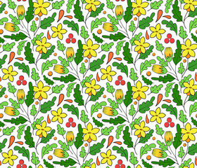 Bright seamless summer pattern, simple beautiful floral print. Yellow with orange flowers, green leaves, white background. Fashionable and glamorous decoration of any of your bold advertising projects