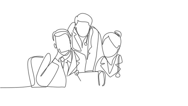Animated self drawing of continuous single line draw group of male female doctors discussing diagnosing patient's disease at hospital room. Medical meeting concept. Full length single line animation.