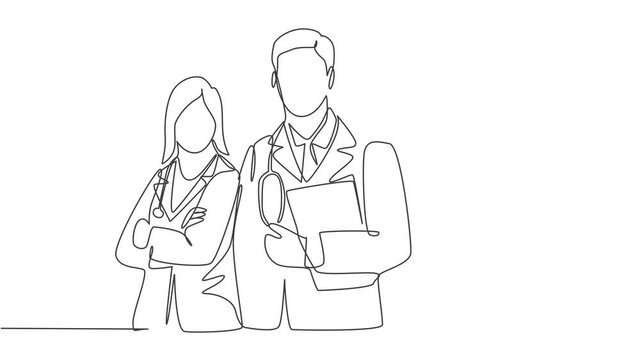Animated self drawing of continuous single line draw group of young male female doctors pose standing together while holding medical report. Teamwork medical concept. Full length single line animation