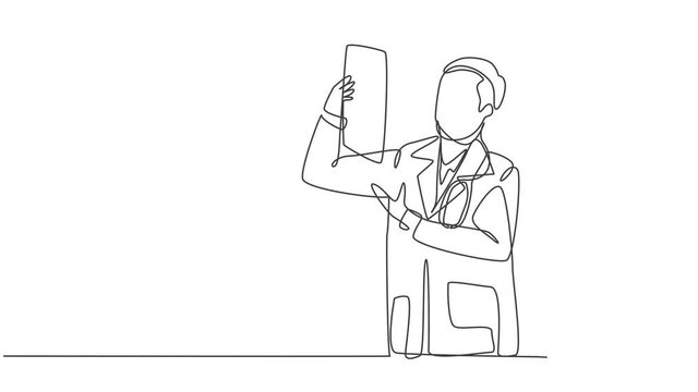 Animated self drawing of continuous single line draw young male female doctor discussing diagnosing patient x-ray photo result together. Medical healthcare concept. Full length single line animation.