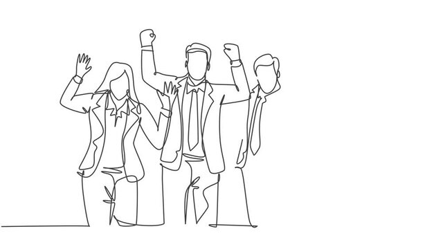 Animated self drawing of continuous line draw happy promoted man woman manager line up neatly on office meeting room together. Business teamwork celebration concept. Full length single line animation.