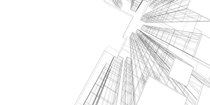 Abstract architectural background. Linear 3D illustration. Concept sketch