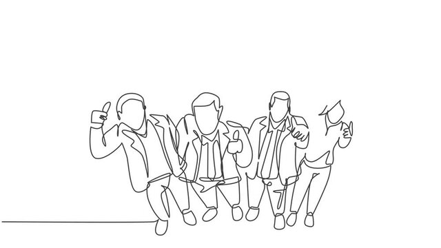 Self drawing animation of single line draw happy male female managers raise their hand into the air giving thumbs up gesture. Business celebration concept continuous line draw. Full length animated.