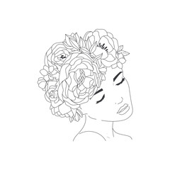 Minimal Line Drawing Woman Flower Images. Girl with flowers. Line Vector illustration. 
