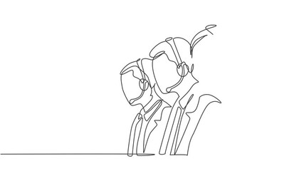 Animated self drawing of continuous line draw male and female telemarketing team member calling new customer to offer new house cleaning product. Sales agent concept. Full length single line animation