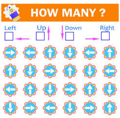 Left or Right. Up or down. Logic game for kids. Count how many arrows are turned left and how many are turned right, also up and down.
