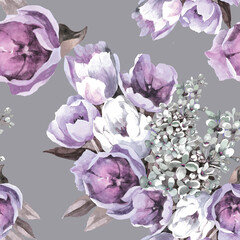 White and purple tulips with lilac watercolor on grey background seamless pattern for all prints.