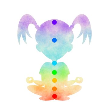 Chakra color painted child girl silhouette of yoga lotus position with chakra circles. Hand drawn digital illustration. Print quality for children