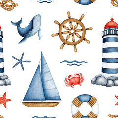 Watercolor Nautical seamless pattern. Hand drawn Lighthouse, Sailboat, Underwater Animal, Ship steering wheel, lifebuoy, rope knot, wave. Sea Life. Marine background for nursery print, fabric, textile