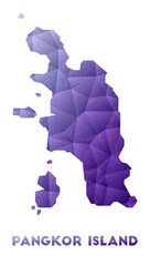 Map of Pangkor Island. Low poly illustration of the island. Purple geometric design. Polygonal vector illustration.