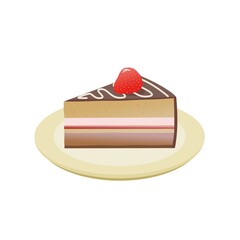 A slice of birthday cake with strawberries. Greeting card design element.