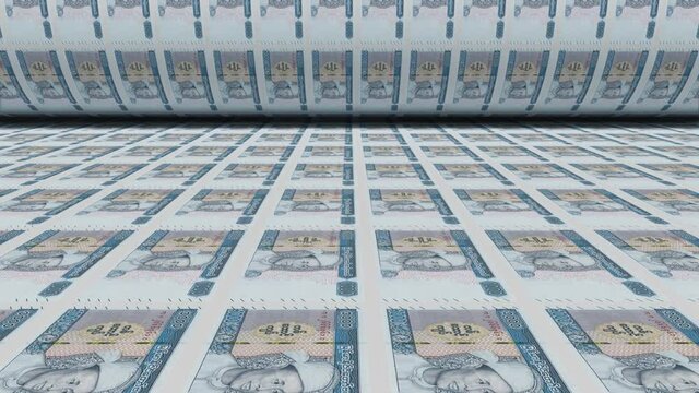 Inflation. Myanmar kyat banknotes or bills, MMK currency cash in Burma. Stack of money printing machine. Government paper in central bank. Economic, finance. Laundering.Rich exchange. 3d illustration