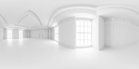 Full 360 degree equidistant equirectangular spherical panorama of white empty classic vintage studio interior 3d render illustration hdri hdr vr style