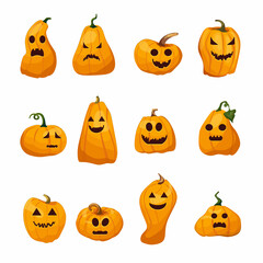 A set of pumpkins on a white background. Orange pumpkin with emotions for your design for the Halloween holiday. Vector illustration in cartoon style. Autumn holidays.