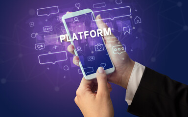 Hand using smartphone with social media concept