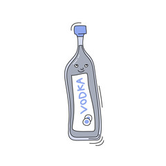 Vodka bottle with face smile on white background. Cartoon sketch graphic design. Doodle character with black contour line. Cute hand drawn flask. Party drinks concept. Freehand drawing style