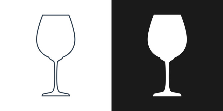 Glass wine. Two types of images. Contour line art in flat style. Silhouette wine glasses on a black background. Restaurant alcoholic illustration for celebration design. Beverage outline icon