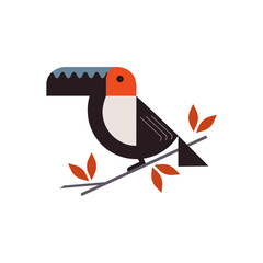 Vector illustration of toucan bird on a branch with geometric patterns on a white background. Logo. Flat design..