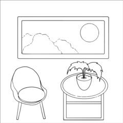 living room, guest room,relaxation room, armchair, coffee table, beautiful flowerpot with wide leaves, window with sunrise mountains, picture with sunrise, mountains