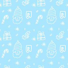 Christmas vector seamless pattern with white mittens,mistletoe,snowflakes,presents,Santa Claus.Holiday print on blue isolated background in doodle hand drawn style.Design for wrapping paper.