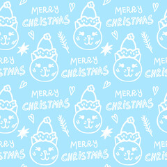Christmas vector seamless pattern with white cats in hats,merry christmas,hearts,branches,stars,lettering.Holiday print on blue isolated background in doodle hand drawn style.Design for wrapping paper